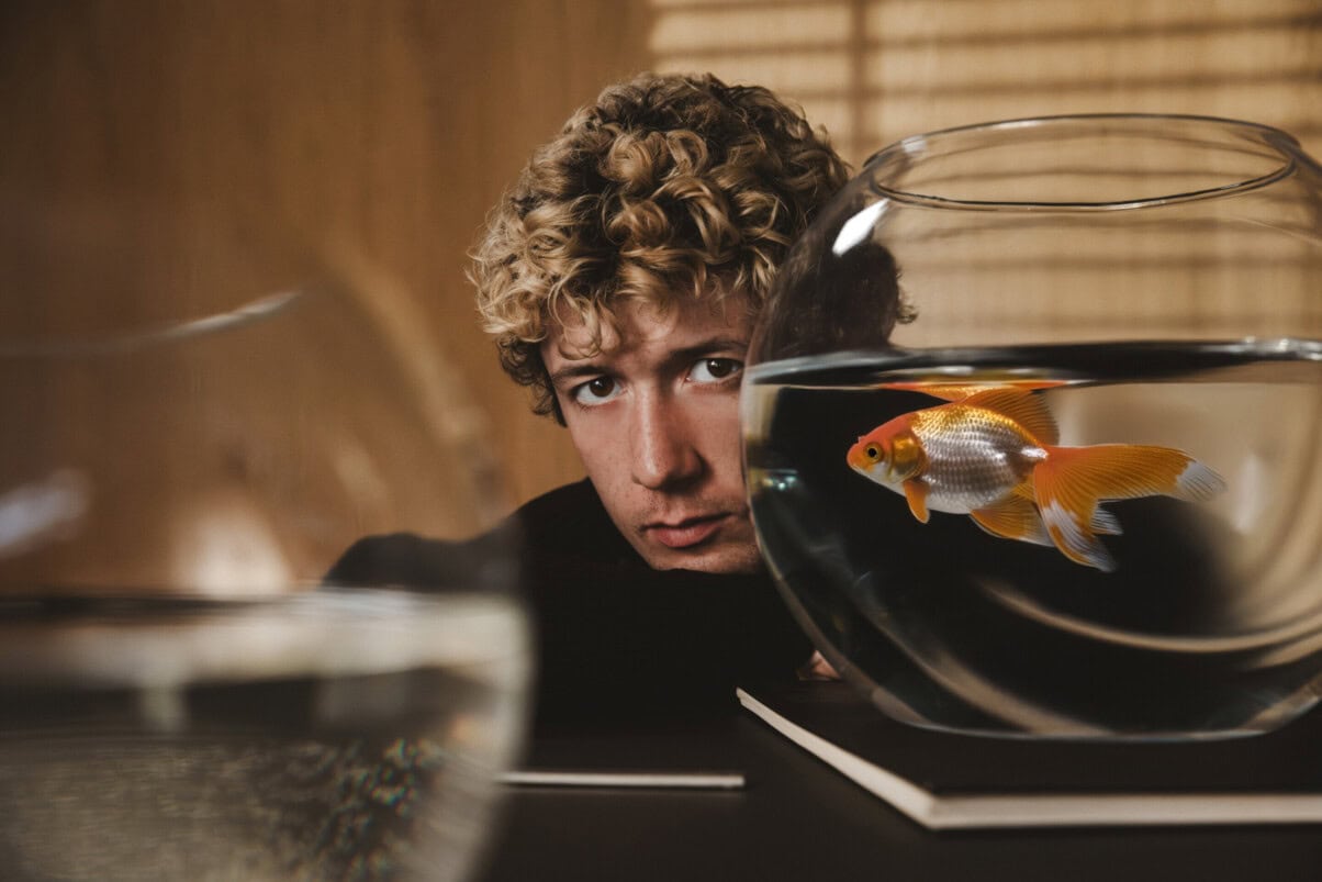 TV & Streaming Tipps Oktober: Mann auf einem Tisch gelehnt, teilweise durch ein Goldfischglas aufgenommen